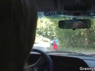 Old fancy woman gets nailed in the car by a stranger